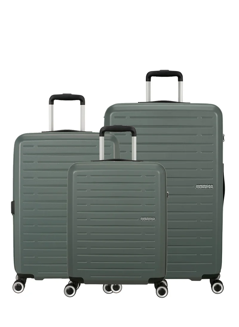 American Tourister Aerojoy Suitcase, 3pc Set (55 + 66 + 80 cm), 4 Spinner Wheels, Hard Top, ABS, Dark Forest|TSA Lock|Inner Mesh Zippered Divider|Cross Ribbons|Lightweight - 3 Years International Warranty